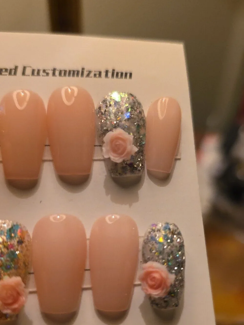 Nude Pink Rose Accent Press-On Nails with Glitter Accents Size Med